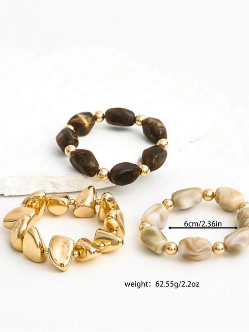 Three-Row vintage Stretch Bracelet Set in Cream, Brown & Gold Tones